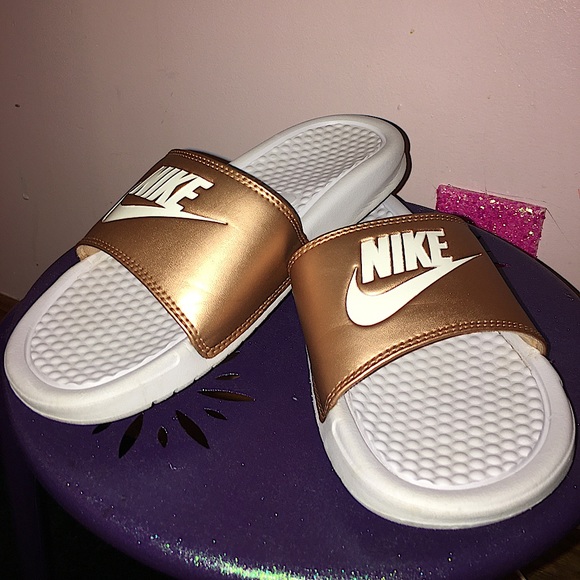 Nike | Shoes | Rose Gold Metallic And White Nike Slides | Poshmark
